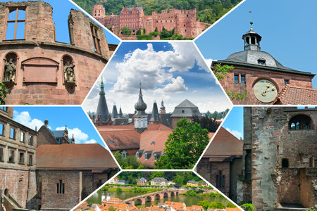 A dynamic hexagonal collage showing various architectural landmarks of Heidelberg, Germany, including the famous castle ruins and Old Town. The images evoke a mood of historical travel and scenic beauty.の写真素材