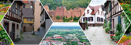 A hexagonal photo collage showcases beautiful landscapes and architecture from Germany, including a medieval castle, charming old town streets, and vibrant flowers. The composition is perfect for illustrating travel, culture, and tourism concepts.の写真素材