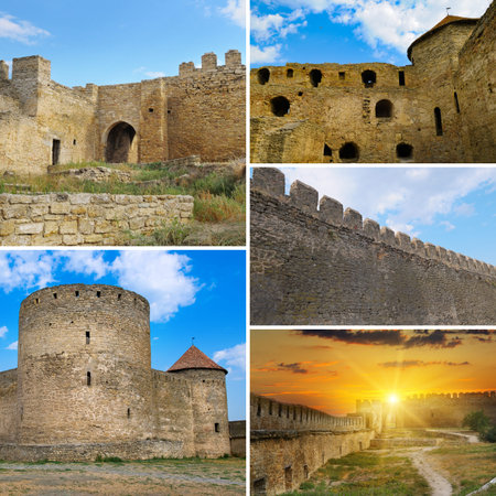 A dynamic collage showcases different architectural views of a historic stone fortress, including...