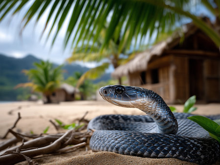 A large, dark snake with iridescent scales is coiled on the sand, its head raised, in a close-up on a tropical beach. The blurred background shows palm leaves, straw huts, and mountains, emphasizing the exotic and potentially dangerous nature of the location.の素材