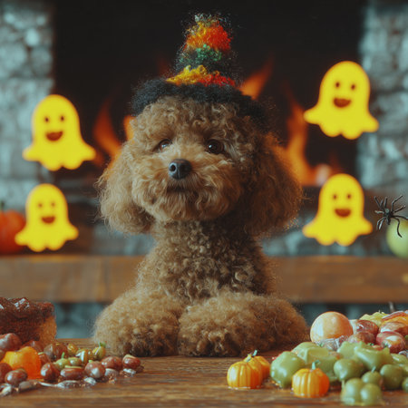A charming brown poodle sits patiently wearing a tiny witch hat in a cozy, dark interior, celebrating Halloween. The background features a glowing fireplace and four cheerful ghost lights, with spooky treats and pumpkins on the table.の素材