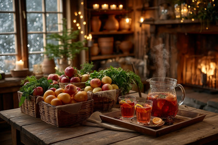 A beautiful still life captures baskets of fresh apples and oranges next to a tray of steaming mulled punch in a cozy, rustic cabin. Warm light from the fireplace and holiday lights contrasts beautifully with the snowy window, emphasizing winter comfort and festive hospitality.の素材
