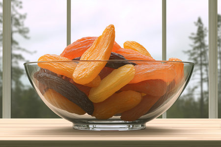 A bright image showcases a clear glass bowl overflowing with sun-dried apricots and darker dried fruits, sitting on a light wooden surface. The clean, minimalist composition and natural light highlight the healthy snacking concept against a softly blurred outdoor background with ample copy space.の素材