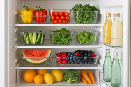 An open refrigerator is aesthetically packed with fresh, colorful produce neatly stored in clear containers, showing perfect organization and meal preparation. This image powerfully conveys the concepts of healthy eating, clean living, and an efficient, well-stocked kitchen.の素材