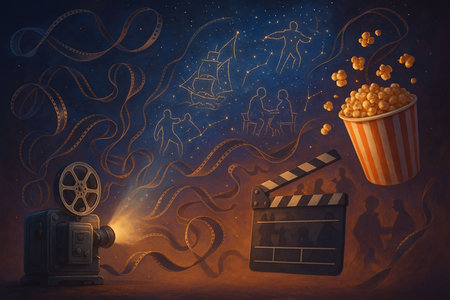 A captivating illustration shows an antique film projector casting light onto a canvas of constellations, depicting various story scenes. The composition includes a clapperboard, flowing film strips, and flying popcorn, representing the magical elements of cinema and storytelling.の素材
