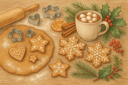 A charming watercolor illustration depicting the joy of holiday baking with raw dough, cookie cutters, and beautifully decorated gingerbread cookies. The cozy scene is complete with a mug of hot cocoa, marshmallows, and festive sprigs of holly and pine.の素材