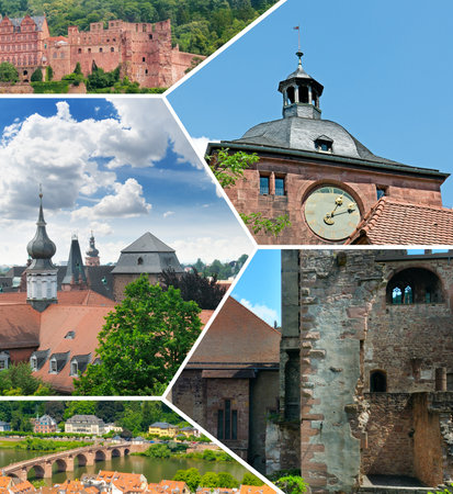 A dynamic geometric collage features key architectural landmarks, including the historic castle ruins, clock tower, and bridge of a famous German city. This travel and history mosaic captures the essence of European heritage and beauty on a sunny day.の写真素材