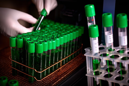 A professional in white gloves handles a bright green-capped test tube among a large collection in a dark, dramatic laboratory setting. This close-up shot captures the meticulous nature of scientific research, experimentation, and medical testing.の素材