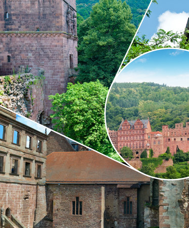A striking vertical photo collage combines wide shots and close-ups of a historic red sandstone castle ruin nestled in lush green hills under a blue sky. This layered architectural composition evokes the grandeur of medieval history and travel.の写真素材