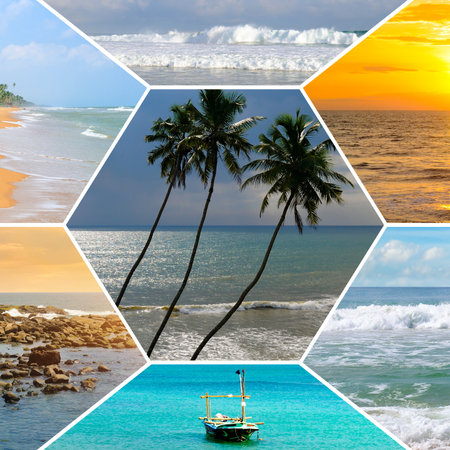 A vibrant vertical photo collage uses a geometric design to display diverse tropical coastal scenes, including palm trees, turquoise water, waves, and a sunset. This eye-catching collection is perfect for travel, vacation, and exotic lifestyle themes.の写真素材