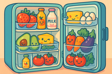 A vibrant, cartoon illustration of an open refrigerator filled with happy fruits and vegetables. This healthy eating concept art has a cheerful mood and is perfect for educational projects.の素材