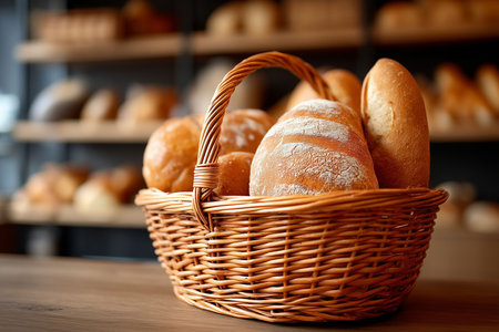 A rustic wicker basket overflows with a fresh assortment of artisan loaves and rolls, prominently displaying their golden-brown crust and flour dusting. The warm lighting and blurred background of bakery shelves create an inviting, authentic atmosphere perfect for food and business themes.の素材