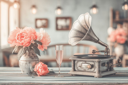 A vintage gramophone sits beside a vase of vibrant pink peonies and a flute of sparkling champagne on a rustic table. The soft, high-key lighting creates a romantic, nostalgic atmosphere, perfect for themes of celebration and classic elegance.の素材