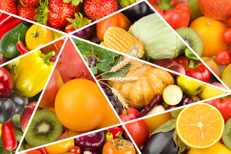 kaleidoscope of fresh fruits and vegetables, including strawberries, oranges, and kiwi, segmented by white geometric lines. This colorful and abstract composition is an excellent graphic background for any topic related to health, nutrition, or food-based design.の写真素材