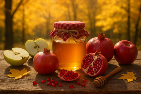 A jar of honey is surrounded by pomegranates and apples on a rustic wooden table with a soft, sunlit autumn foliage background. The warm, golden hour lighting and vibrant colors evoke a sense of harvest and Thanksgiving traditions.の素材