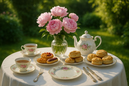 A beautiful afternoon tea spread featuring scones, pastries, and china teacups is elegantly presented on a table in a lush garden. The centerpiece of pink peonies creates a serene and luxurious atmosphere perfect for summer dining concepts.の素材