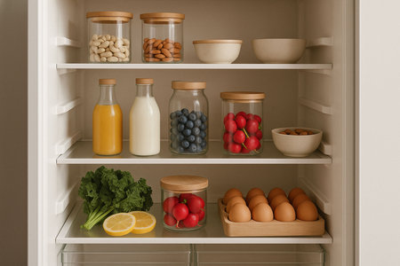 A minimalist, organized refrigerator showcases healthy, fresh ingredients like berries, eggs, nuts, and greens stored in glass containers and neutral bowls. This bright image perfectly captures clean eating, healthy lifestyle, and food storage concepts with excellent copy space.の素材
