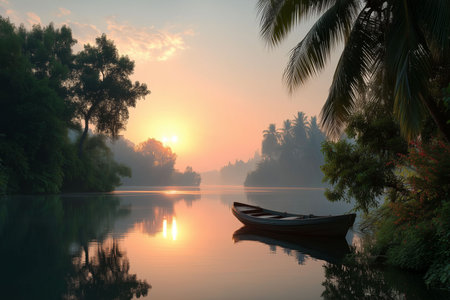 A single wooden boat floats peacefully on a misty tropical river as the sun rises, casting a warm orange glow and reflection across the water. The scene, framed by palm fronts, evokes a sense of serenity and secluded travel in a jungle setting.の素材