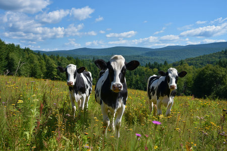 Three black and white Holstein cows stand attentively in a vibrant mountain meadow filled with yellow and purple wildflowers under a bright blue, cloudy sky. This idyllic scene beautifully captures rural life, organic farming, and natural landscapes.の素材