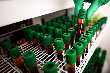 A close-up view of a gloved hand retrieving a blood sample tube with a green cap from a refrigerated rack full of identical test tubes in a laboratory setting. This focused image represents medical testing, clinical research, and diagnostic procedures in a sterile environment.の素材