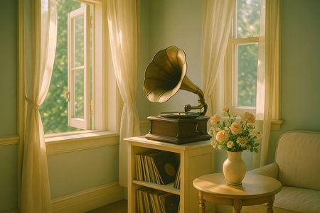 A brass-horned gramophone sits on a small shelf containing vinyl records next to a vase of fresh roses, bathed in the soft morning light spilling in from an open window with flowing white curtains. The scene beautifully evokes nostalgia, tranquility, and a love for vintage music and classic elegance.の素材