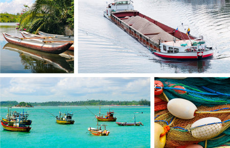 A composite image capturing diverse scenes of water travel and maritime activity, featuring serene...