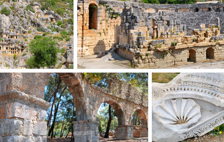 A detailed collage showcases the monumental rock-cut tombs of the Lycian necropolis and the imposing stone structures of the Roman theatre and aqueduct ruins at Myra. The ancient architecture evokes history, travel, and cultural heritage in a Mediterranean setting.の写真素材