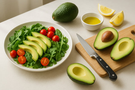 A healthy, high-angle composition shows a salad of sliced avocado and cherry tomatoes on a bed of arugula, positioned next to a cutting board with an open avocado and a knife. Ingredients like olive oil and lemon slices complete this bright, clean depiction of food preparation and wholesome eating.の素材