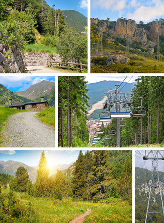 A dynamic photo collage showcases six diverse summer mountain scenes, featuring dense pine forests, rocky cliffs, a hiking path leading to a rustic hut, and infrastructure like a ski lift and power lines. This composite captures the rugged beauty and modern development of the highlands, offering versatile copy space.の写真素材