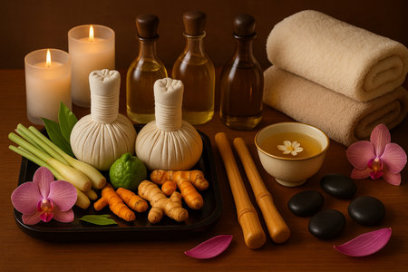 An elegantly arranged set of spa essentials, including herbal compress balls, massage oils, and natural ingredients like turmeric and lemongrass, is framed by soft candlelight and orchids. The composition creates a tranquil mood representing wellness, natural beauty, and luxury relaxation concepts.の素材