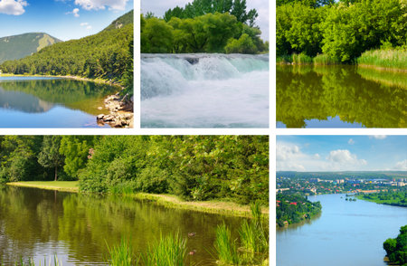 A photo collage showcases the stunning variety of summer nature landscapes, featuring mountain lakes, fast-flowing waterfalls, peaceful forest ponds, and a wide river valley. This dynamic montage beautifully captures the concepts of fresh water, ecology, and natural conservation.の写真素材