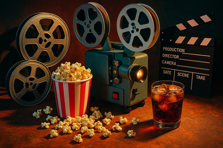 A vintage movie projector, film reels, and a clapperboard are arranged with classic cinema snacks: a striped bucket of popcorn and a glass of cola with ice. Warm, moody lighting highlights the nostalgic setup, perfectly capturing the spirit of traditional filmmaking and home movie nights.の素材