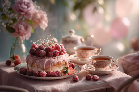 A dreamy, elegant close-up of a pink-frosted raspberry cake served with fine china teacups, set against a blurred background of pink flowers and soft bokeh lights. This luxurious still life evokes romance, celebration, and the cozy pleasure of afternoon tea.の素材