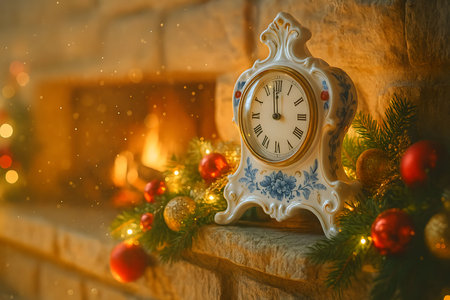 Traditional holiday scene featuring an antique porcelain clock and Christmas decorations. Ideal for winter celebrations, seasonal greetings, and cozy home atmosphere concepts.の素材