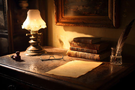 A vintage writing desk features an oil lamp, old books, and a quill under warm atmospheric lighting. This nostalgic scene evokes a sense of history and creativity, with ample space for copy.の素材