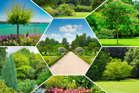 A collection of scenic garden views featuring walking paths, blooming flowers, and lush green trees....