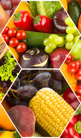 A vibrant hexagonal collage showcasing a diverse range of fresh fruits and vegetables. This high-energy composition highlights healthy eating and organic abundance, perfect for wellness and culinary themes.の写真素材