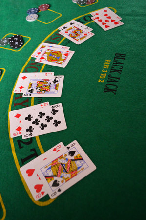 Poker chips on a poker table at the casino.