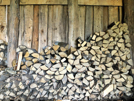 firewood barn, selective focus with shallow depth of field, warm vintage filter.