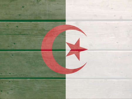 Algeria flag painted on wood plank background. Brushed natural light knotted wooden board texture. Wooden texture background flag of Algeriaの写真素材