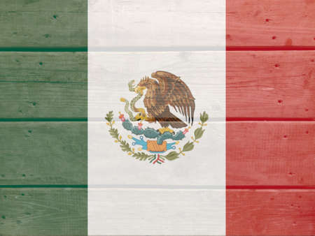 Mexico flag painted on wood plank background. Brushed natural light knotted wooden board texture. Wooden texture background flag of Mexicoの写真素材