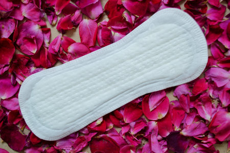 White female pad lies on a texture of pink rose petals.