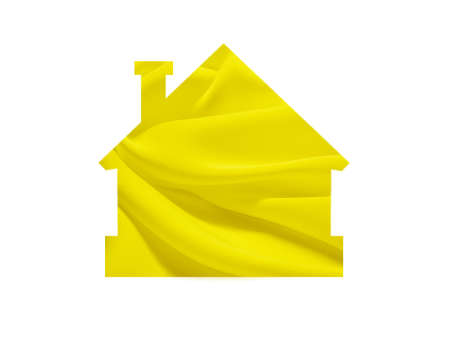 Yellow textile. Close up on yellow material texture on fabric. crumpled fabric. Shot through the cut-out silhouette of the house.の写真素材