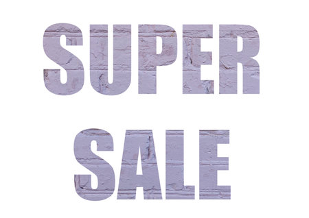 light brick background. Shot through the cut-out silhouette of the word SUPER SALE.の写真素材