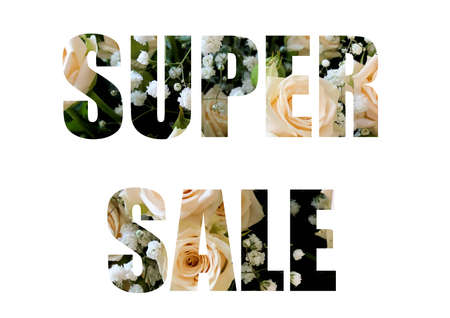 cover background of beautiful white rose soft tone. Shot through the cut-out silhouette of the word SUPER SALEの写真素材
