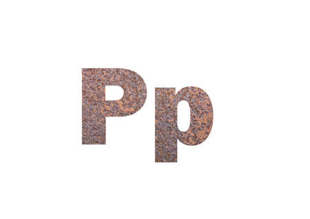 brown rusty metal texture. Shot through the cut-out silhouette of the letter Pの写真素材