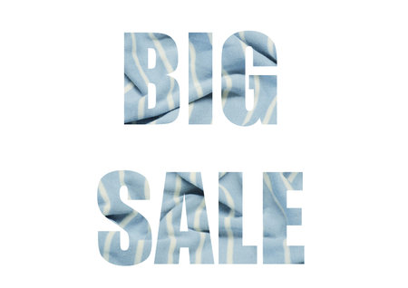 Blue with white thin stripes textile pattern as a background. Blue with white thin stripes material texture on fabric. crumpled fabric texture. Shot through the cut-out silhouette of the word BIG SALEの写真素材