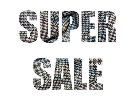 Gray checkered print textile as a background. Close up on Gray checkered print material texture on fabric. crumpled fabric texture. Shot through the cut-out silhouette of the word SUPER SALEの写真素材