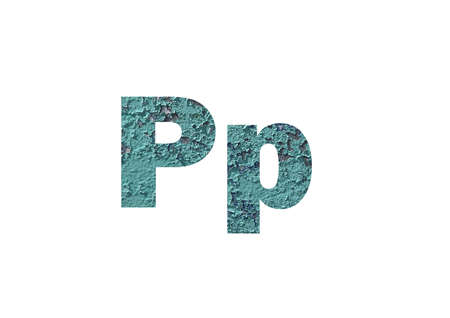 green painted board texture with overlaid paint. Shot through the cut-out silhouette of the letter Pの写真素材