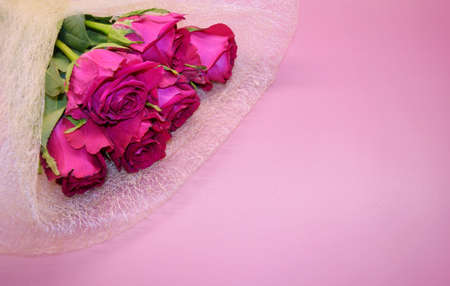 Bouquet of red roses lies on pink background.の写真素材